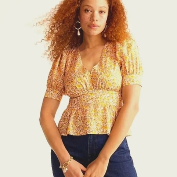 J.Crew Deep V-Neck & V-Back Top Women's 16 Puff Short Sleeve Ivory Lemon Cake - Picture 1 of 13